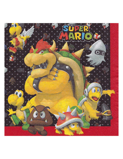 Serviettes en papier Super Mario avec Bowser et ses ennemis sur fond noir à pois