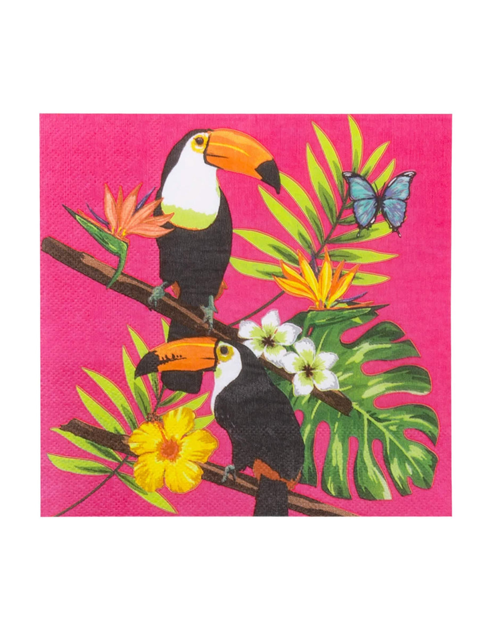 Grande plano sobre o estampado tropical dos guardanapos fúcsia com tucano