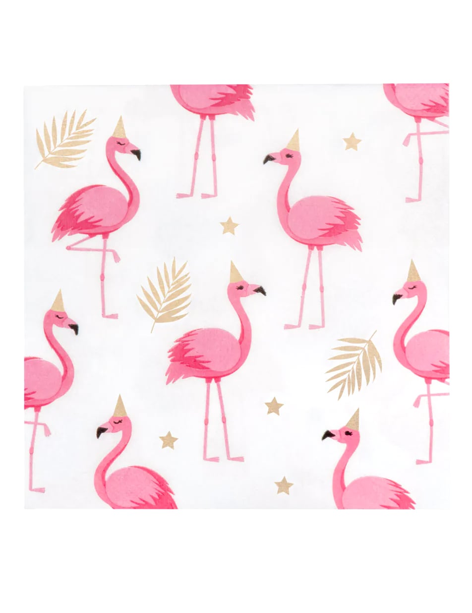 Serviettes en papier Flamant Tropic pour fête rose et blanc à motifs dorés