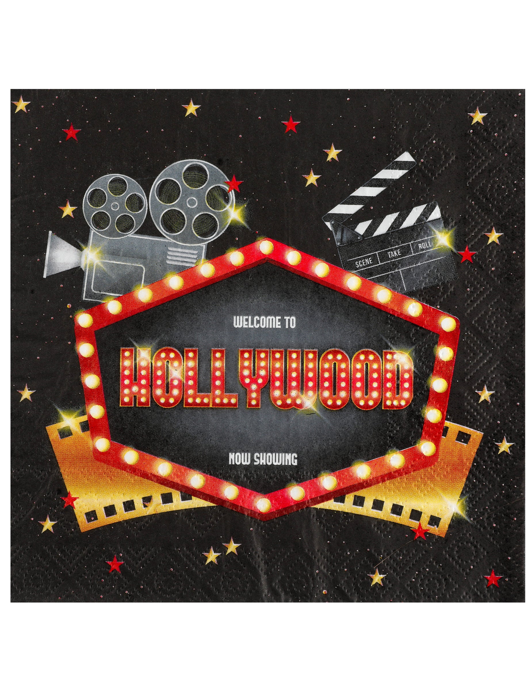 Serviettes en papier Hollywood pour fête noires avec motifs de clap et caméra de cinéma