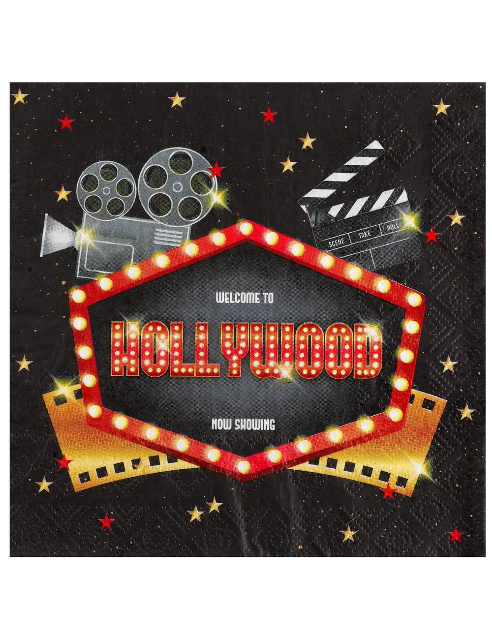 guardanapos hollywood para festa pretos com motivos de claquete e câmara de cinema