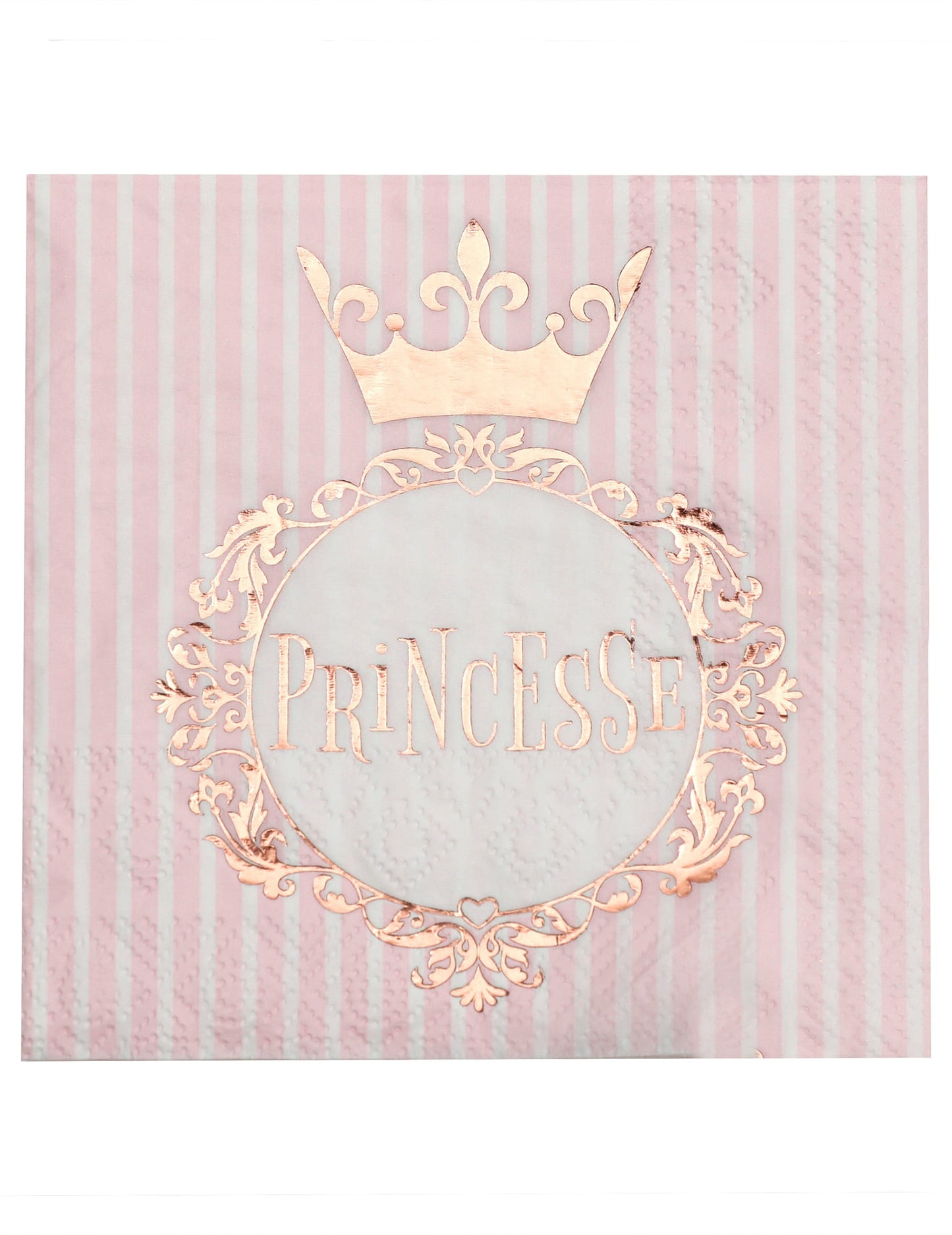 Serviettes Princesse rose gold à rayures roses et blanches avec motif de couronne
