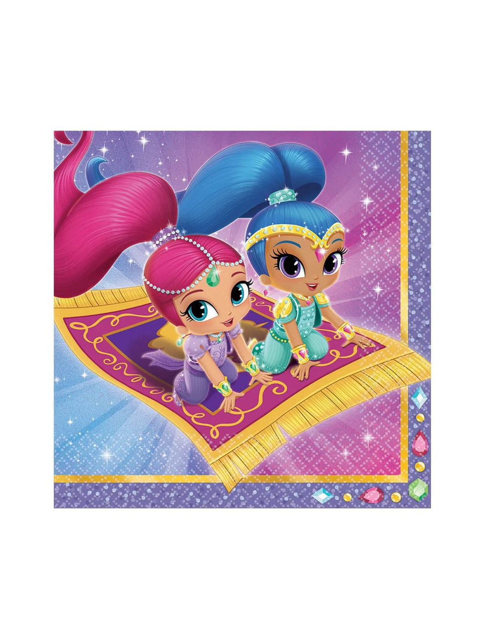 Guardanapos Shimmer and Shine para criança violetas e rosas com génios sobre tapete voador