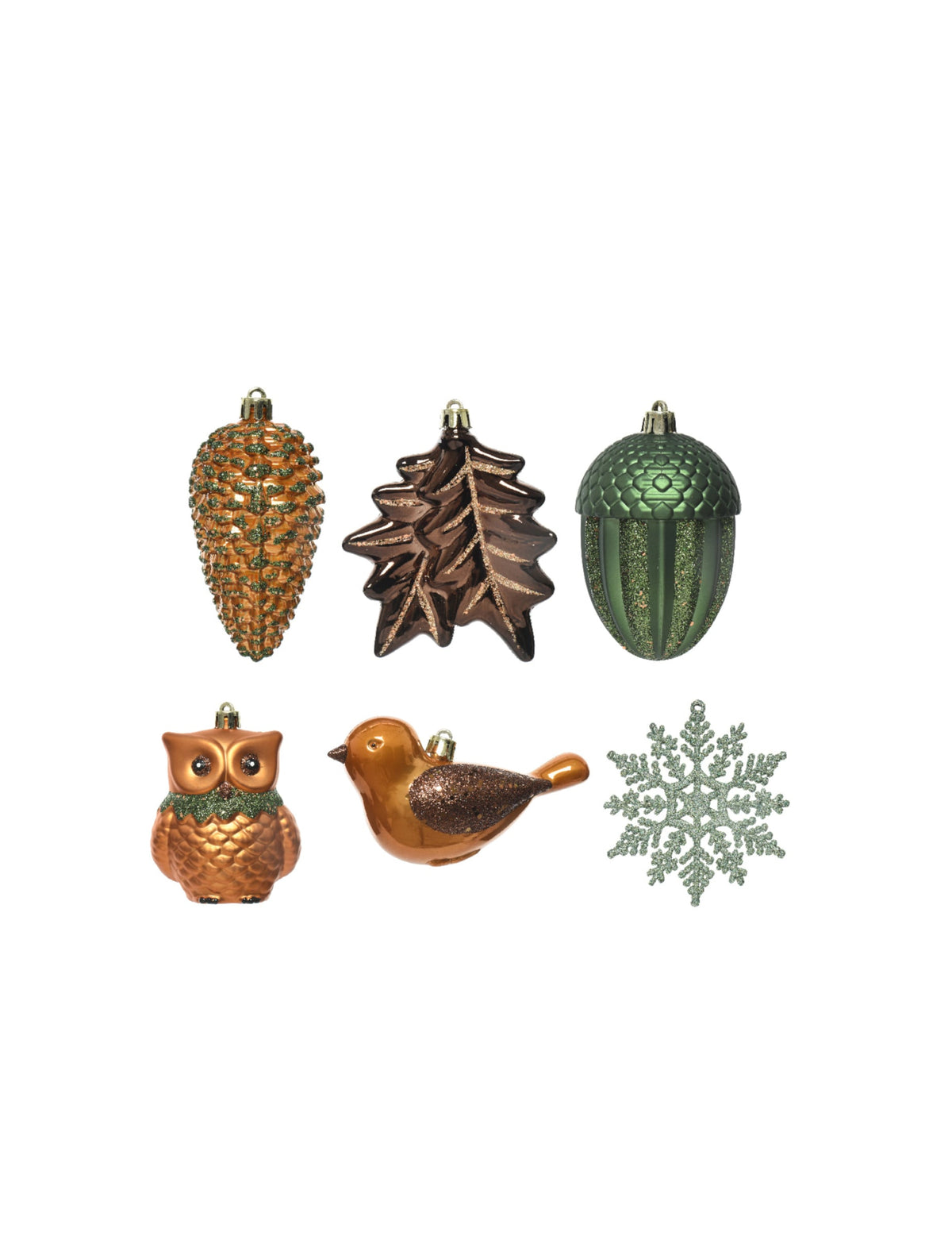Suspensions Noël nature animaux et flocons pour sapin marron vert et orange cuivré