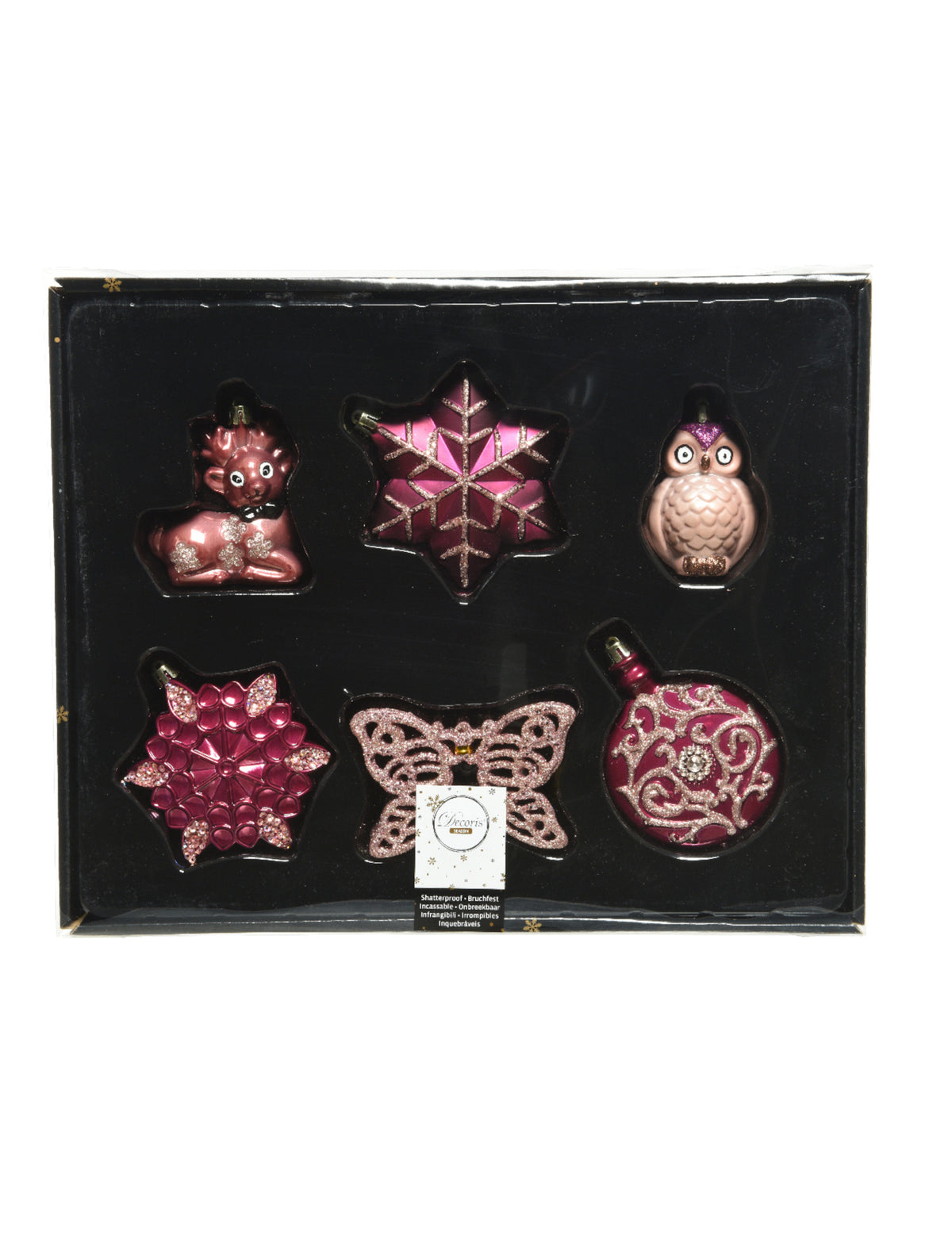 Coffret de présentation des suspensions avec paillettes et papillons pour sapin roses