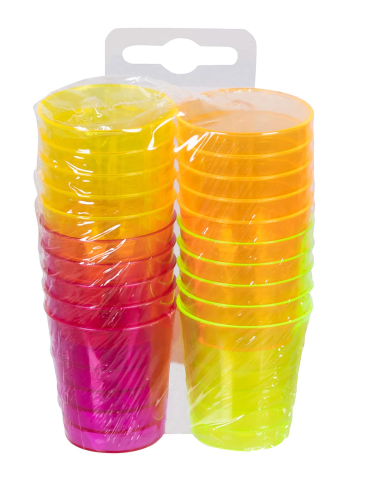 Vista da embalagem dos 20 copos de shot em plástico multicoloridos para festa