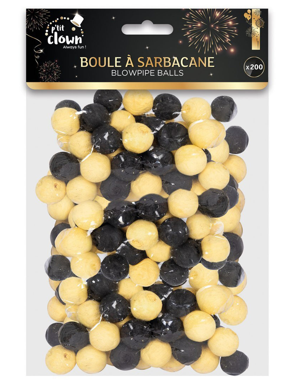 Détail du packaging des boules à sarbacane pour enfant et adulte noir et or lot de 200
