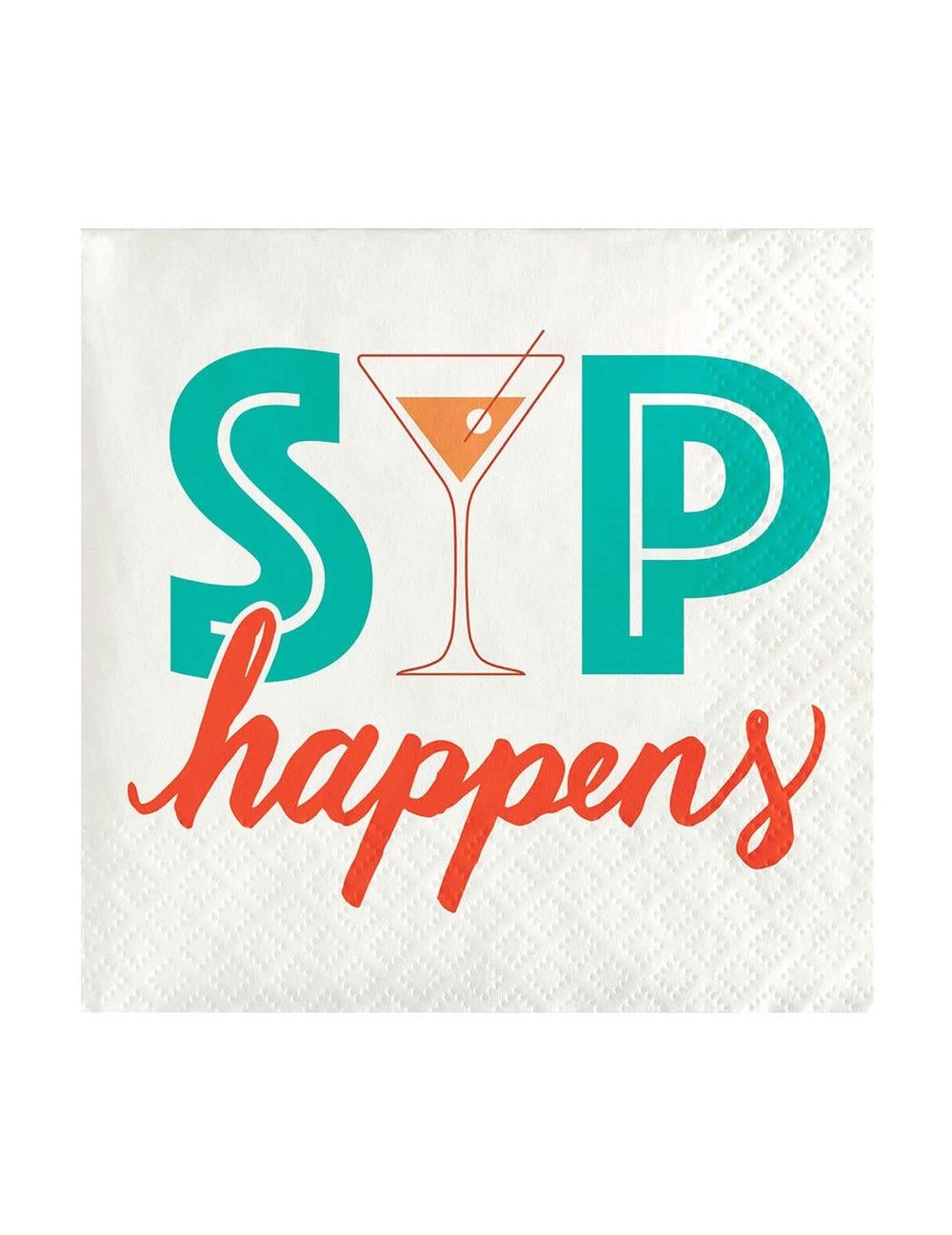 guardanapos Sip Happens Cocktail para adulto brancos com texto turquesa e cor de laranja