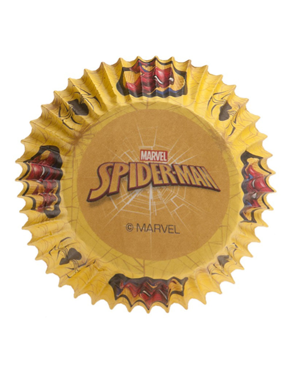 Détail du logo sous le fond des moules à cupcakes en papier Spiderman