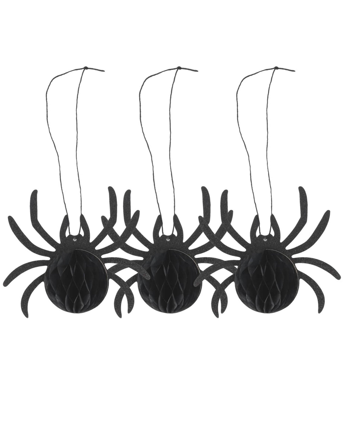 3 aranhas de papel colmeia preto com purpurina 14 x 12 x 6 cm