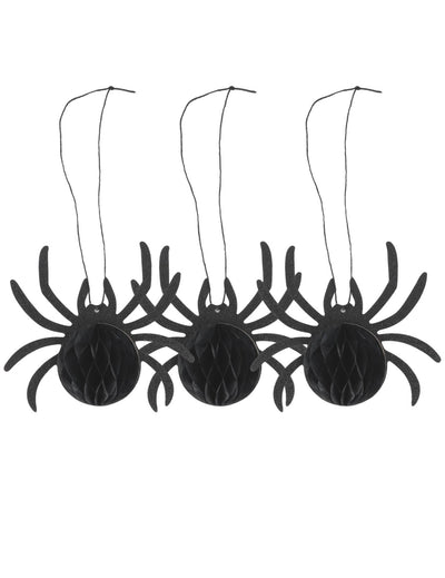 3 aranhas de papel colmeia preto com purpurina 14 x 12 x 6 cm
