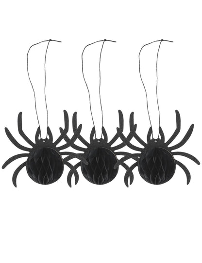 3 aranhas de papel colmeia preto com purpurina 14 x 12 x 6 cm