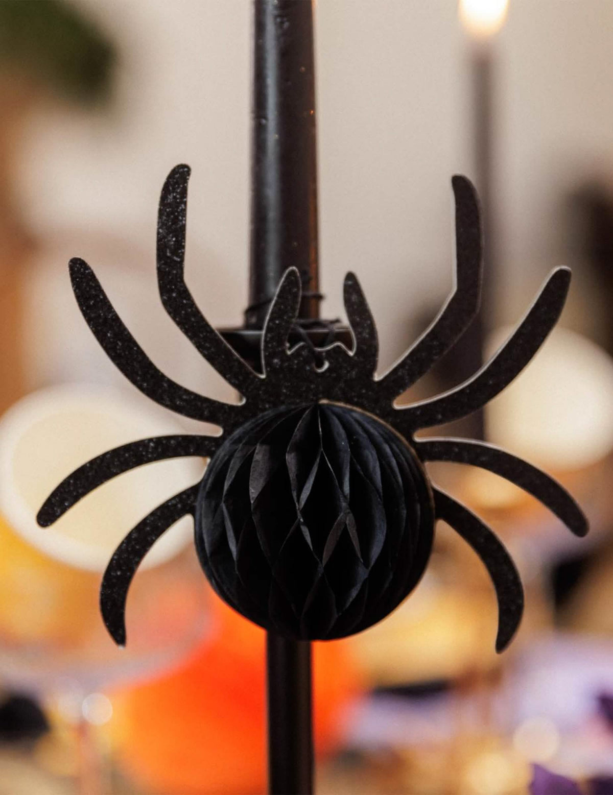 3 aranhas de papel colmeia preto com purpurina 14 x 12 x 6 cm