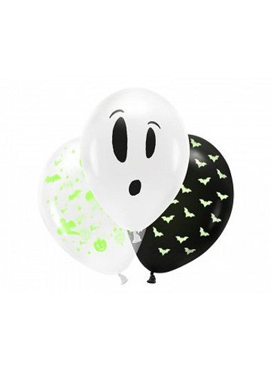 Ballons en latex Halloween fluo noir et blanc à motifs fantôme et chauves-souris