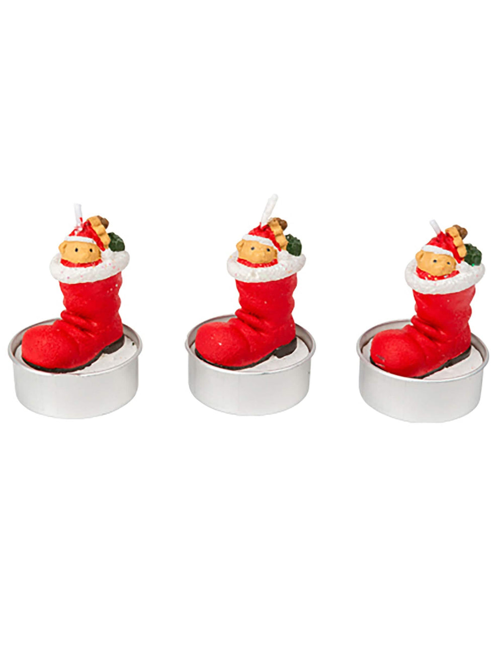 3 velas bota do pai natal com ursinho vermelho e branco