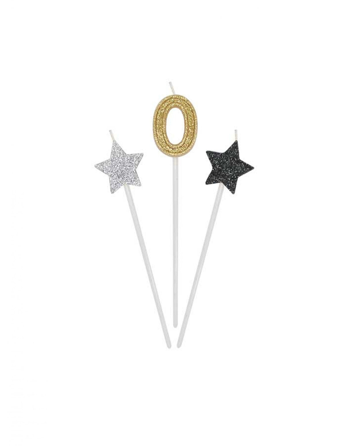 Détail du chiffre 0 et des étoiles des bougies d'anniversaire chiffre pour gâteau dorées argentées et noires pailletées