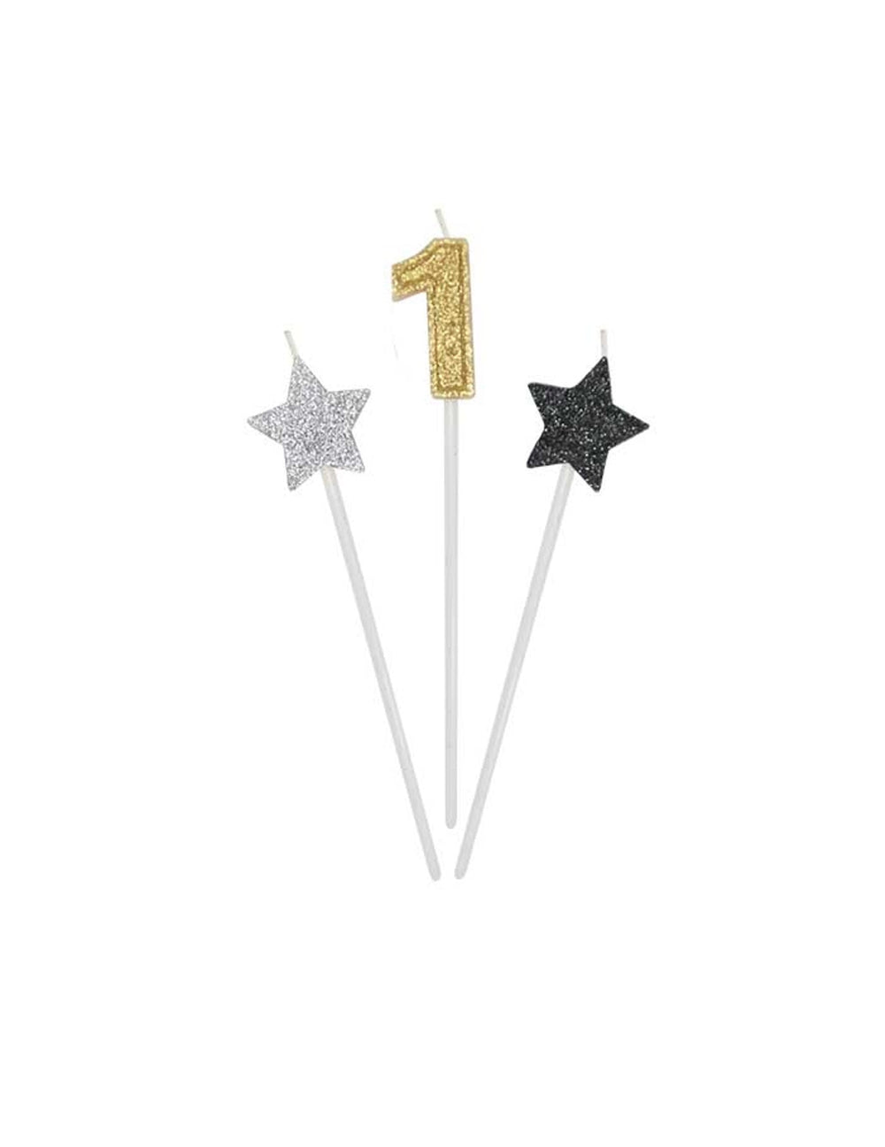Détail du chiffre 1 et des étoiles des bougies d'anniversaire chiffre pour gâteau dorées argentées et noires pailletées