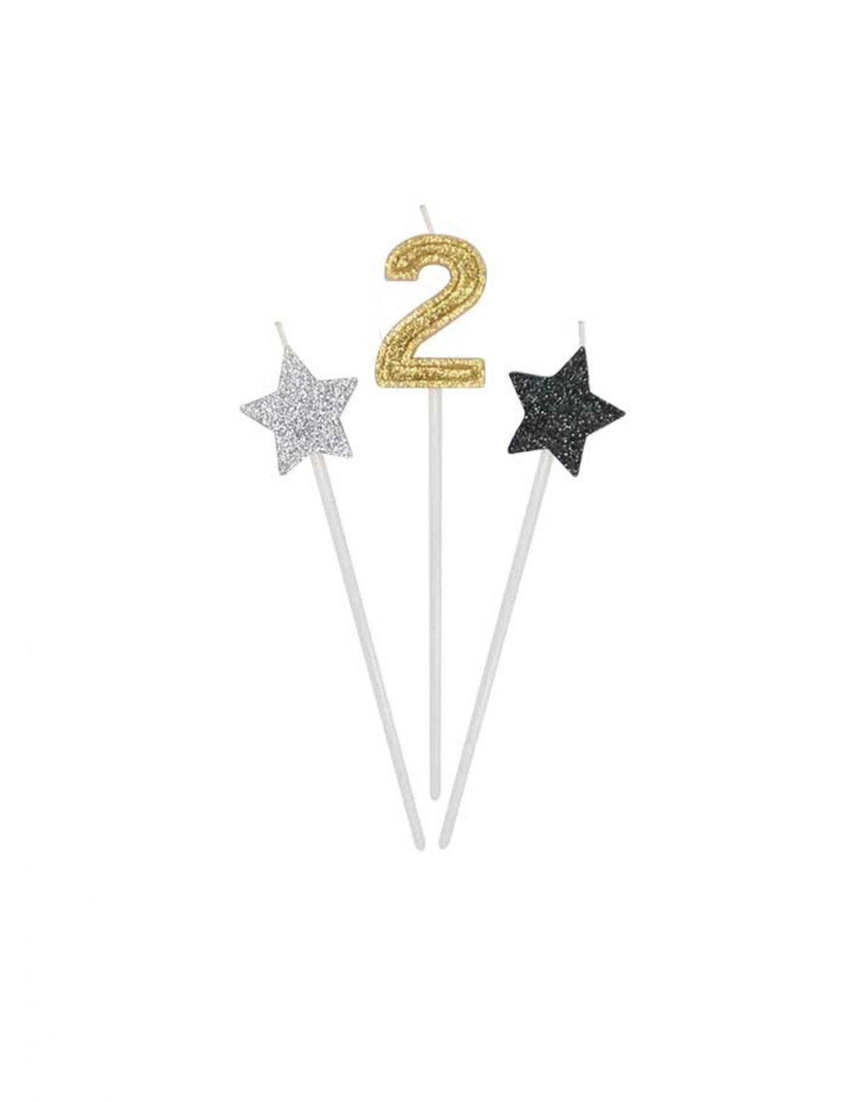 Détail du chiffre 2 et des étoiles des bougies d'anniversaire chiffre pour gâteau dorées argentées et noires pailletées