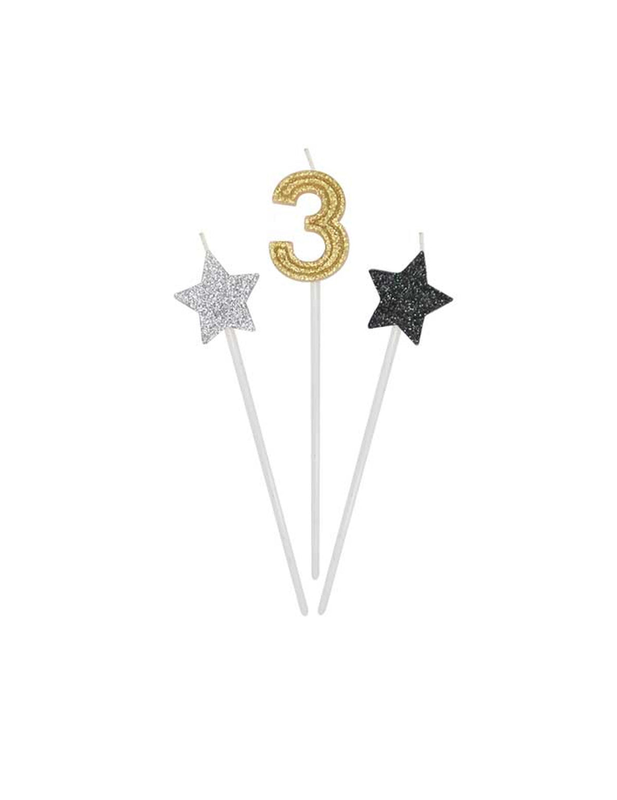 Détail du chiffre 3 et des étoiles des bougies d'anniversaire chiffre pour gâteau dorées argentées et noires pailletées