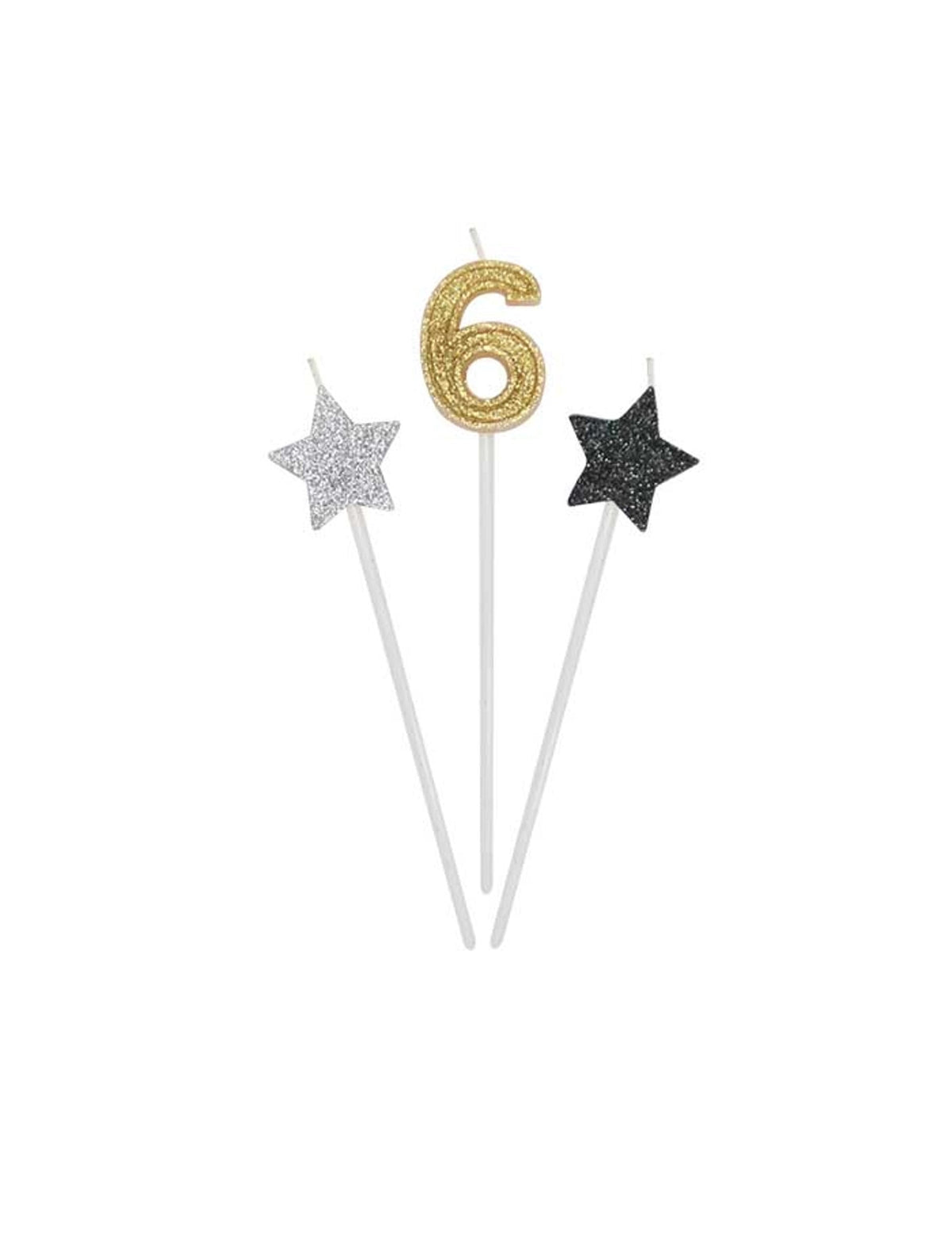 Détail du chiffre 6 et des étoiles des bougies d'anniversaire chiffre pour gâteau dorées argentées et noires pailletées