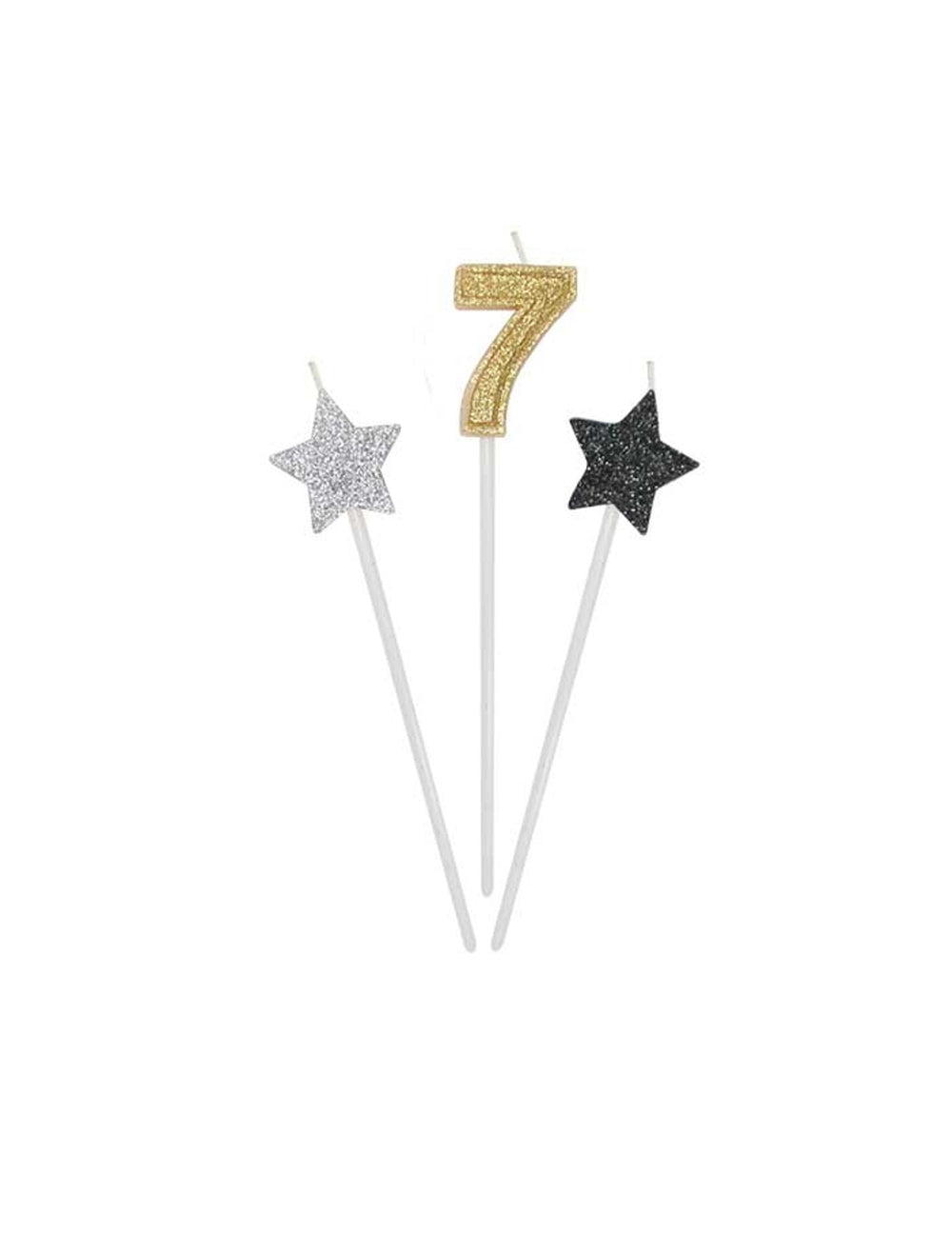 Détail du chiffre 7 et des étoiles des bougies d'anniversaire chiffre pour gâteau dorées argentées et noires pailletées