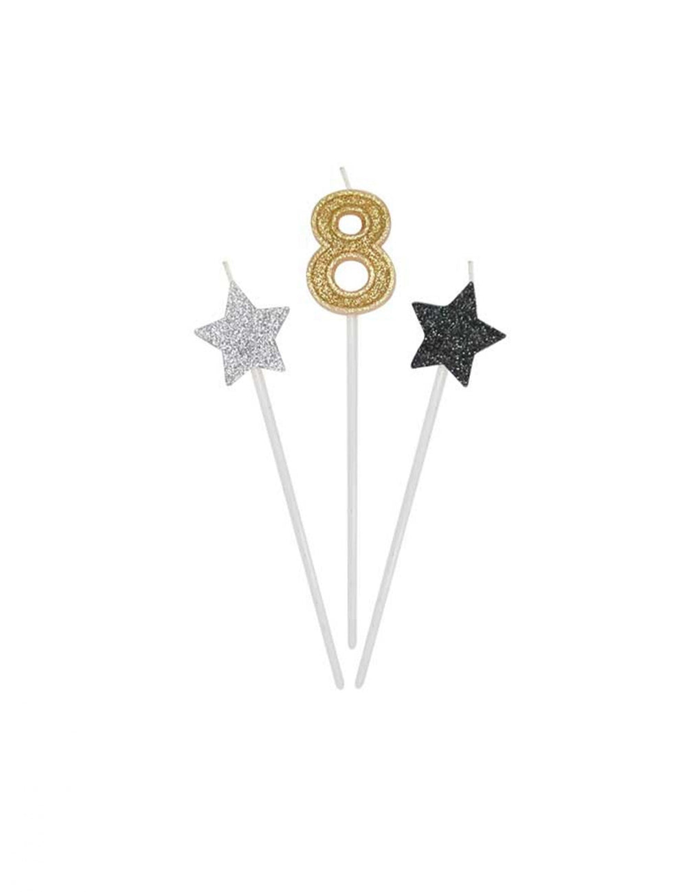 Détail du chiffre 8 et des étoiles des bougies d'anniversaire chiffre pour gâteau dorées argentées et noires pailletées