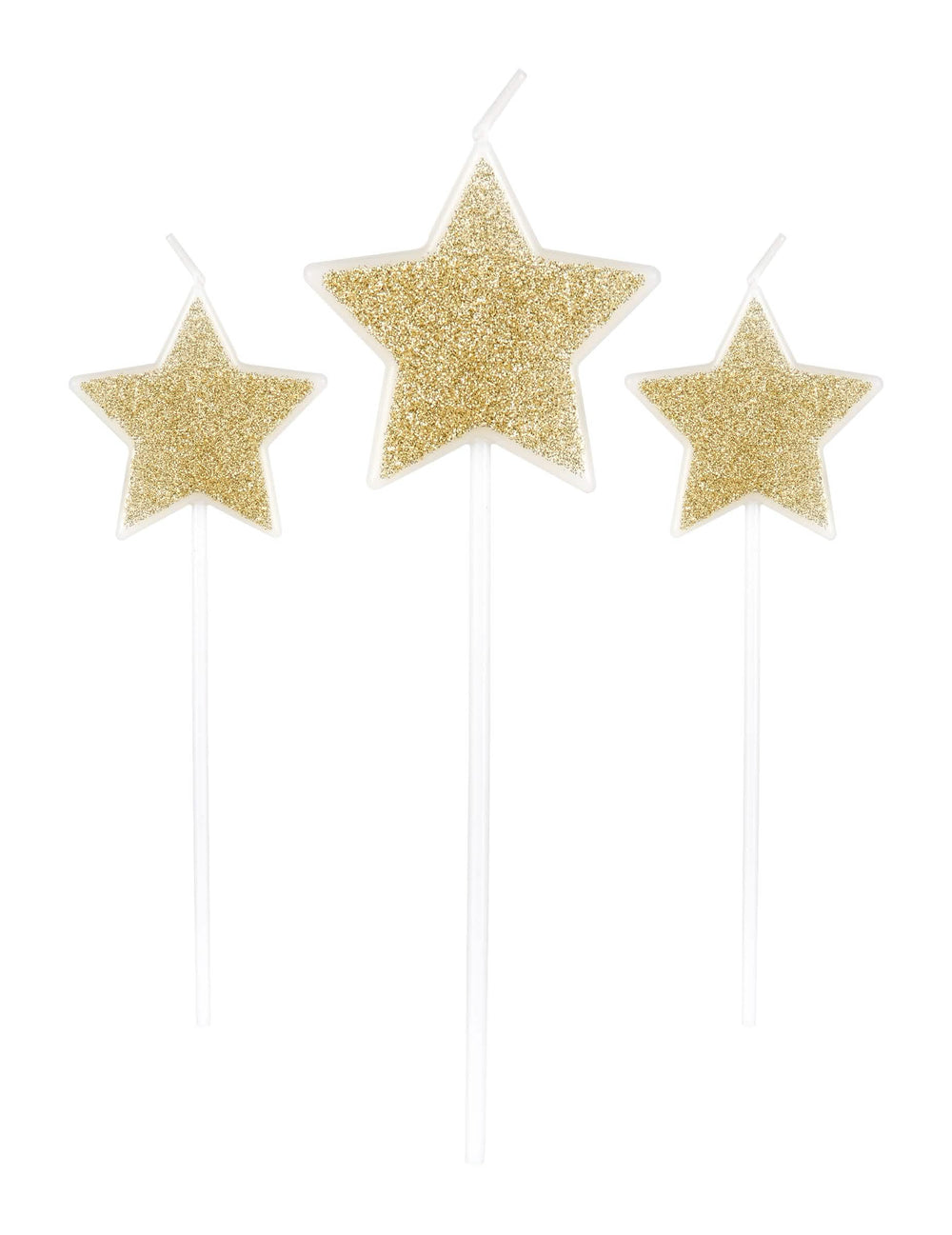 3 velas sobre espeto estrelas para festa purpurinas champanhe