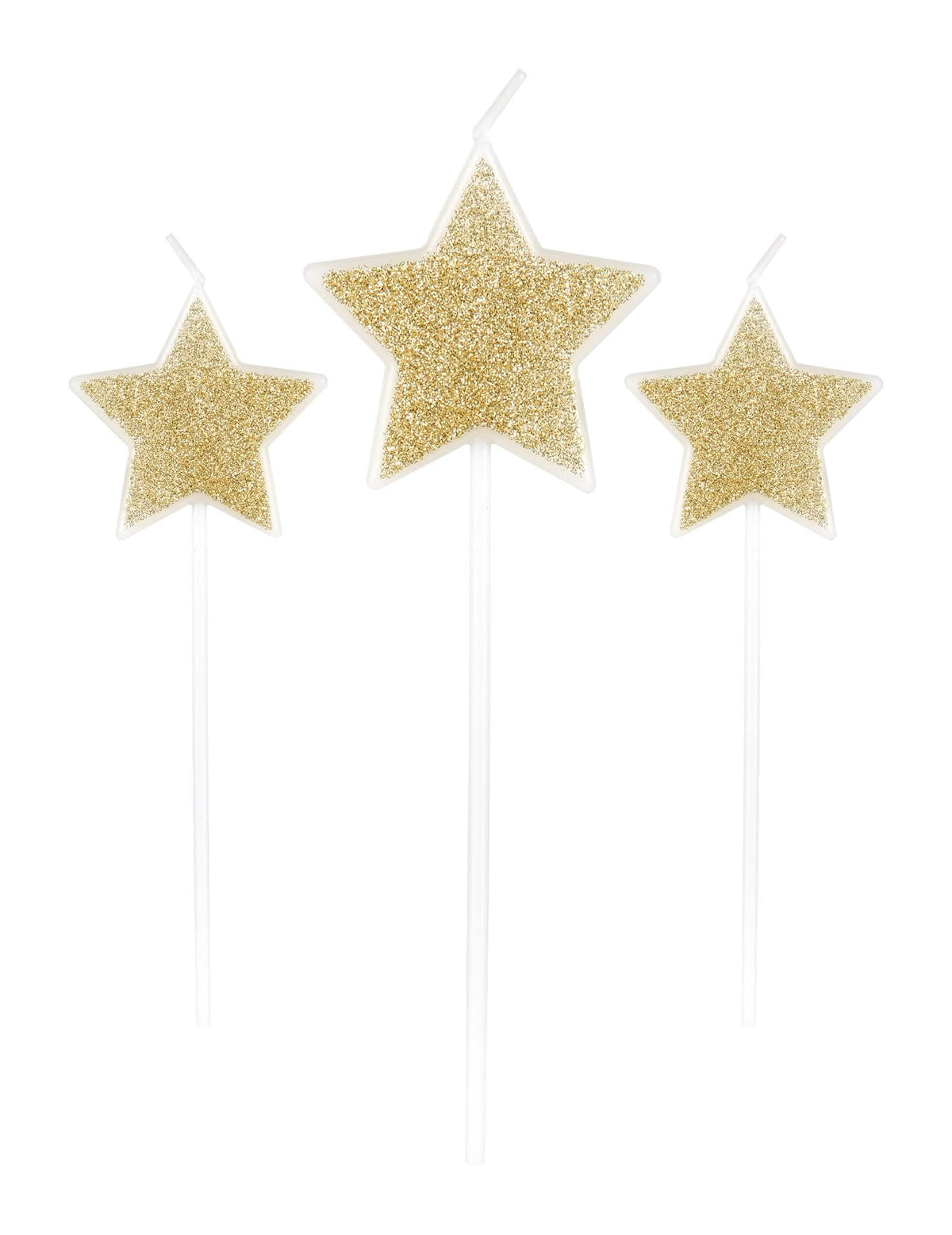 3 velas sobre espeto estrelas para festa purpurinas champanhe