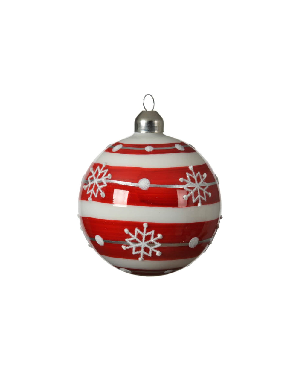 Bolas de natal de vidro com flocos para árvore de natal às riscas vermelhas e brancas