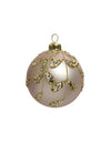 Boule de noël en verre rose poudré avec feuilles dorées à paillettes