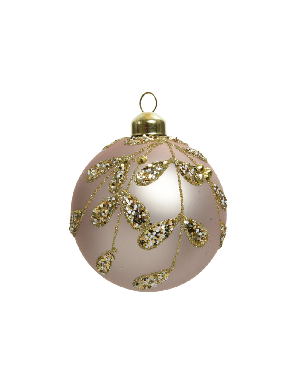 Boule de noël en verre rose poudré avec feuilles dorées à paillettes