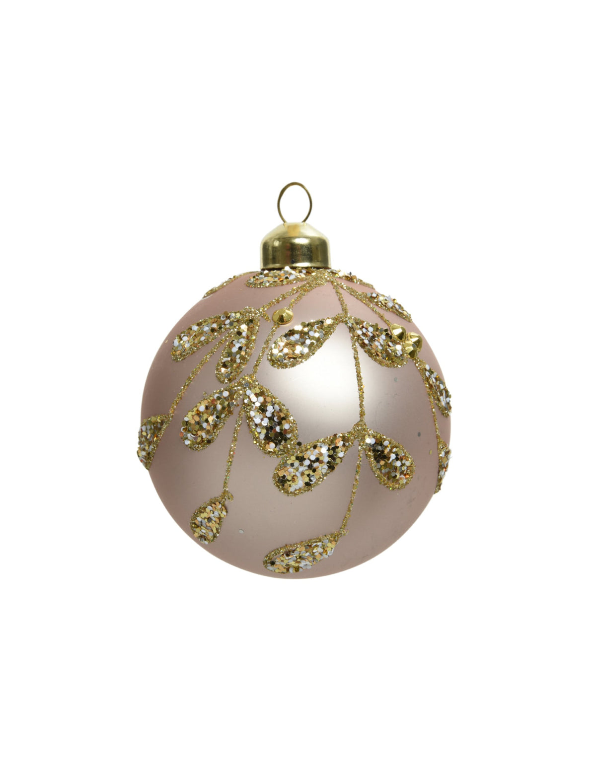Boule de noël en verre rose poudré avec feuilles dorées à paillettes