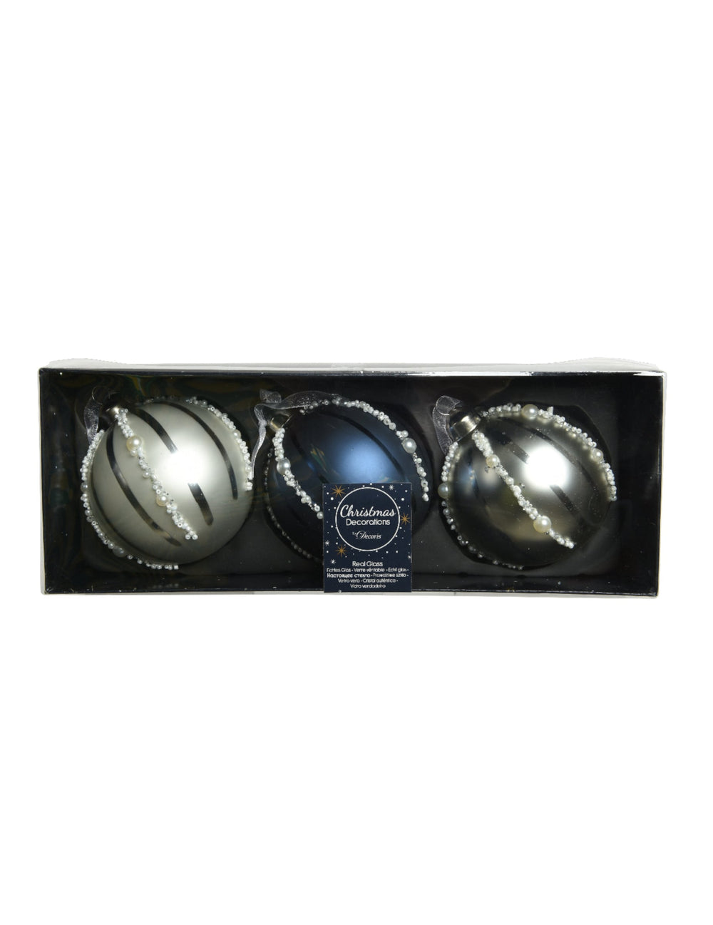 Boîte de présentation des boules de Noël en verre avec perles bleu marine et argent effet nacré