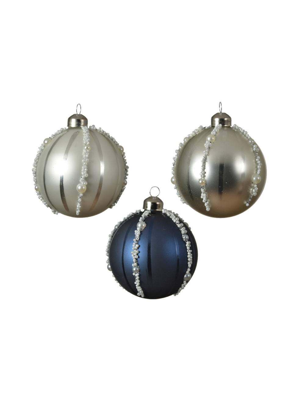 Boules de Noël en verre avec perles bleu marine et argent effet nacré