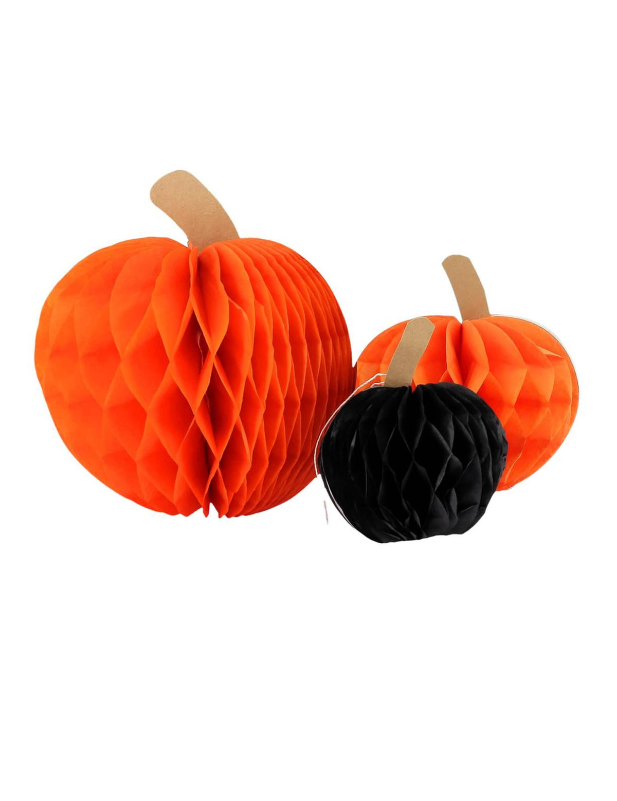3 abóboras de papel alveolar laranja e preto 10 cm 13 cm e 18 cm