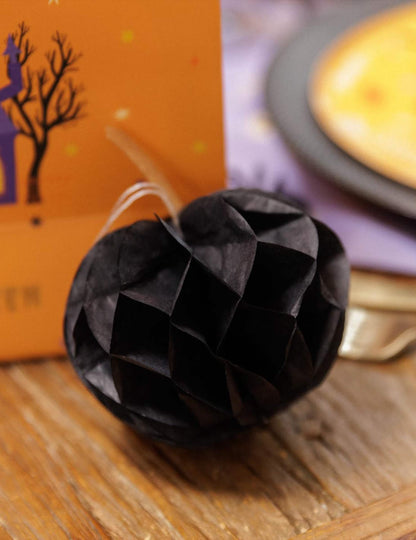 3 abóboras de papel alveolar laranja e preto 10 cm 13 cm e 18 cm
