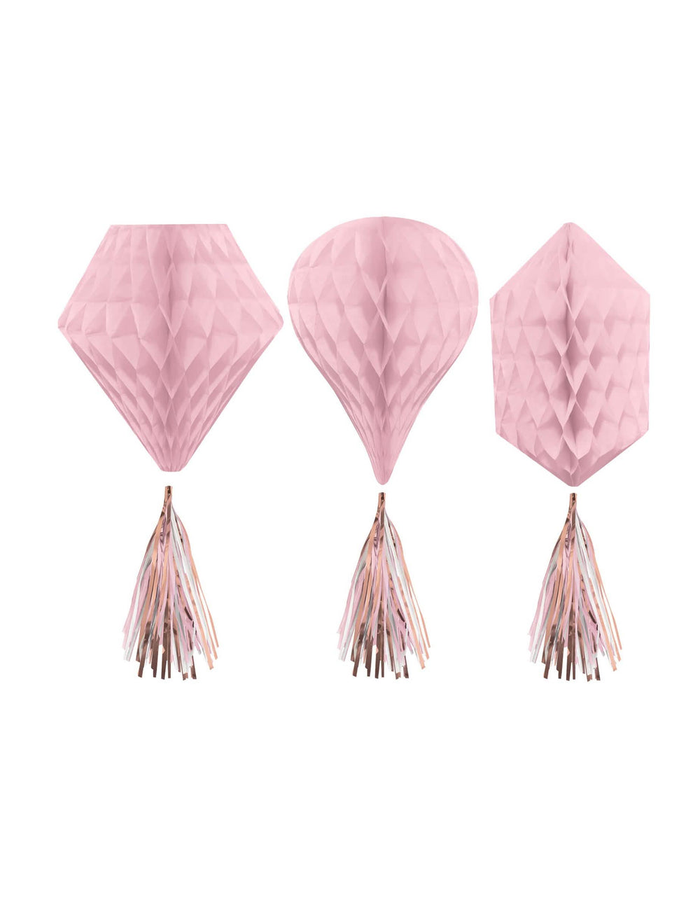 3 decorações alveoladas para suspender em papel ouro rosa com pompons
