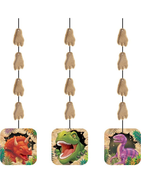 Décorations à suspendre anniversaire dinosaures pour enfant avec empreintes de pas et illustrations multicolores