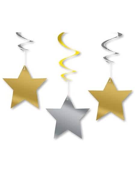 3 decorações para pendurar estrelas douradas e prateadas
