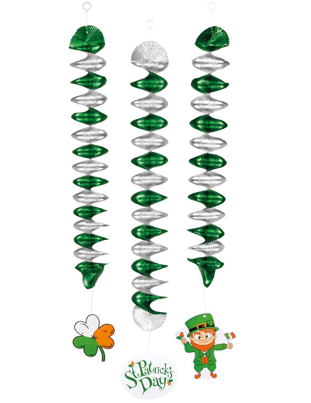3 décorations à suspendre spirales Saint Patrick vertes et argentées avec trèfle et farfadet