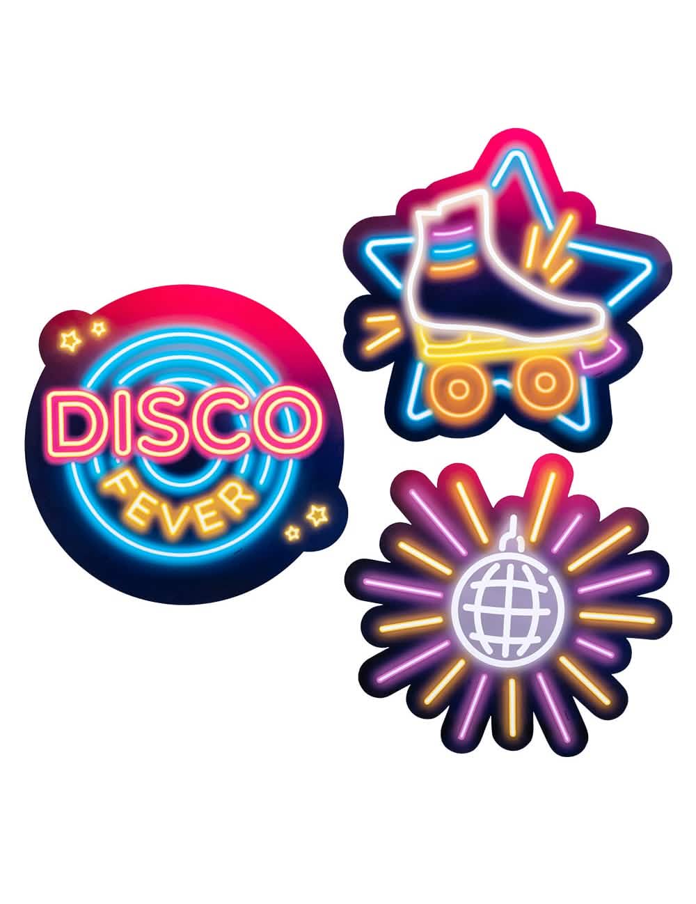 Decorações em cartão disco fever para festa com aspeto néon cor de rosa e azul com patim e bola