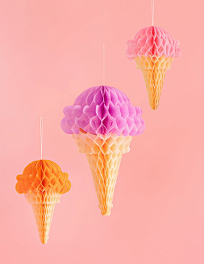 3 Decorações em papel de seda alveolar cone de gelado 20 a 30 cm