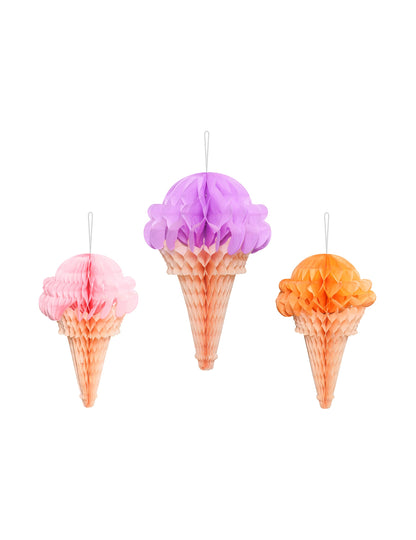 3 Decorações em papel de seda alveolar cone de gelado 20 a 30 cm