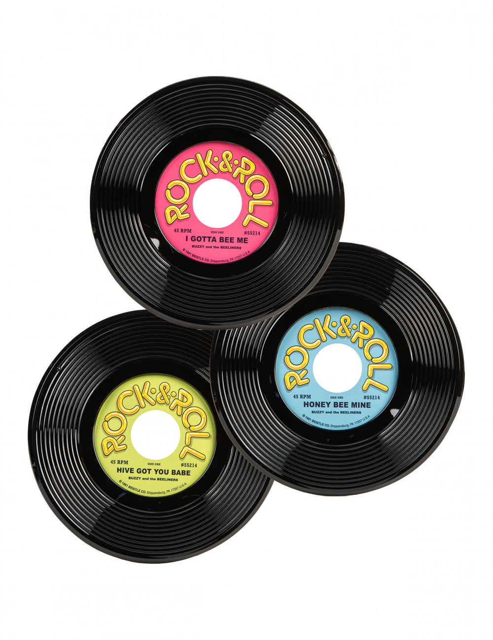3 disques vinyles décoration Rock & Roll pour fête noir rose jaune et bleu