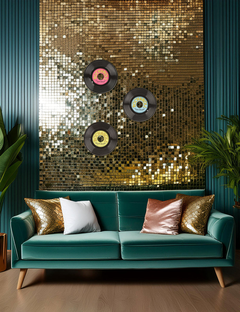 Mise en situation sur un mur des 3 disques vinyles décoration Rock & Roll