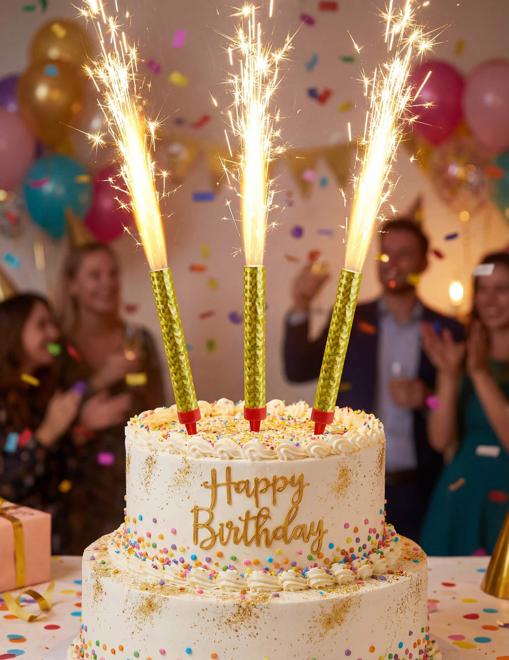 Fontaines lumineuses dorées pour gâteau d'anniversaire avec étincelles