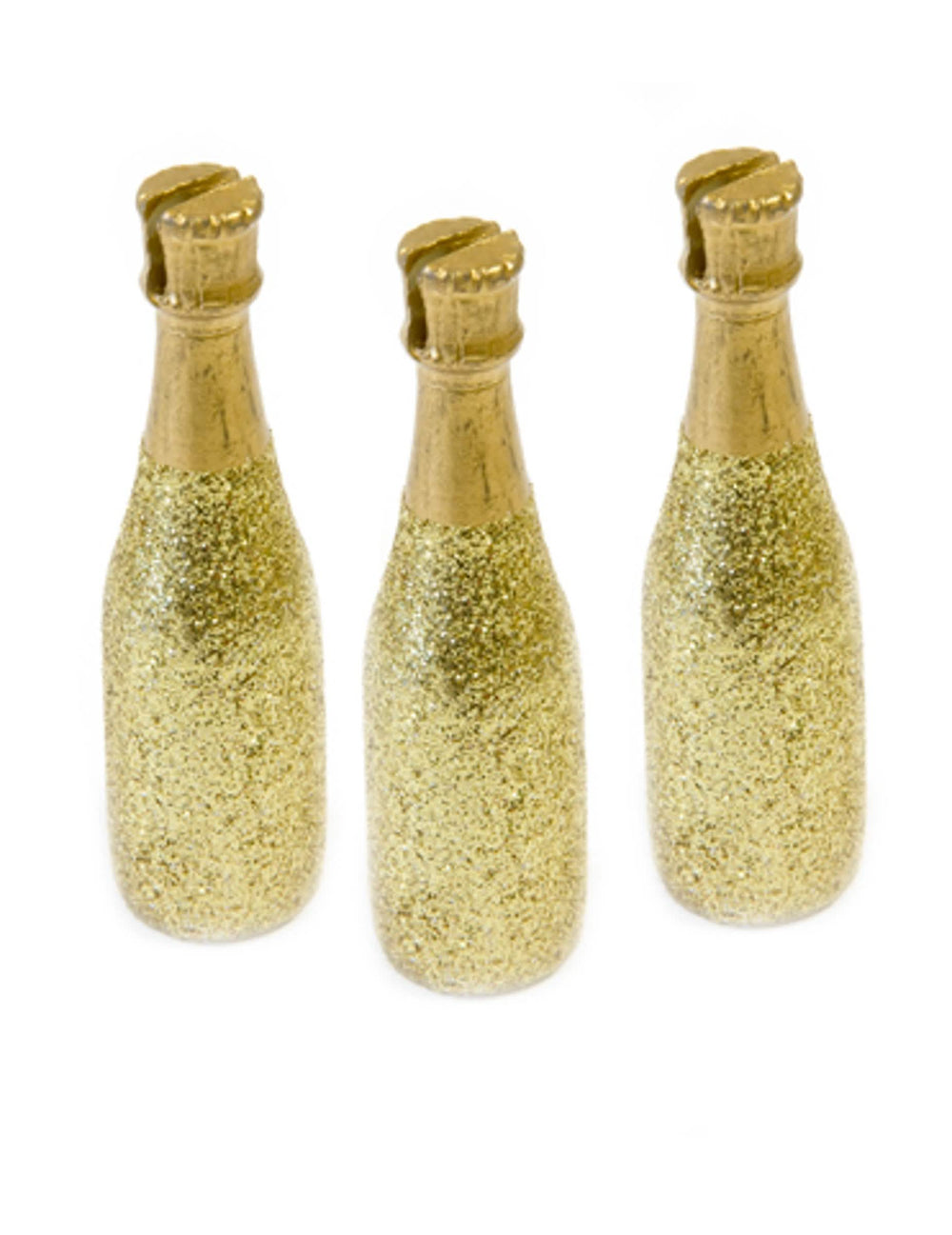 3 marcadores de lugar em forma de garrafa de champanhe para festa dourado com glitter