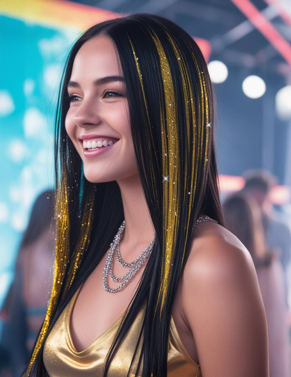 Vue de profil des 3 mèches de cheveux brillantes pour femme