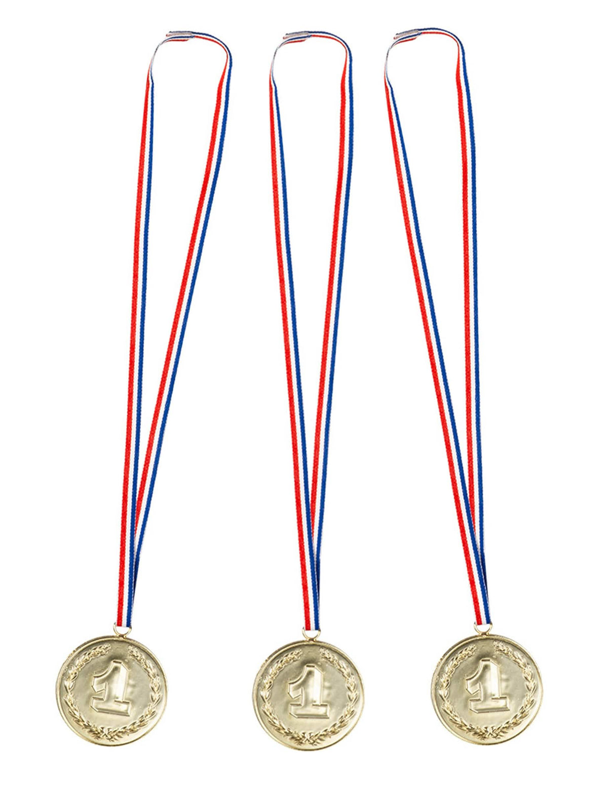 Conjunto de 3 medalhas número 1 para festa douradas com fita tricolor
