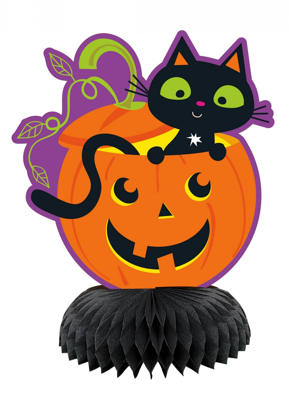 Mini centro de mesa em papel alveolado gato e abóbora para decoração de halloween cor de laranja e preto